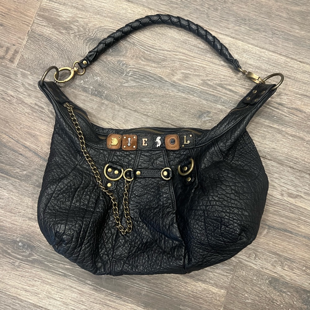 Vintage Diesel Black Leather Hobo Bag with Chain